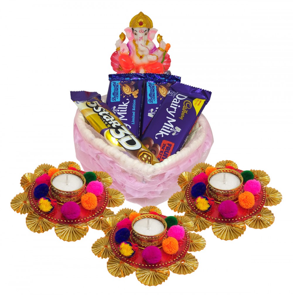 Diwali Gift Combo Decorative Candles, Ganesha Idol & Basket with